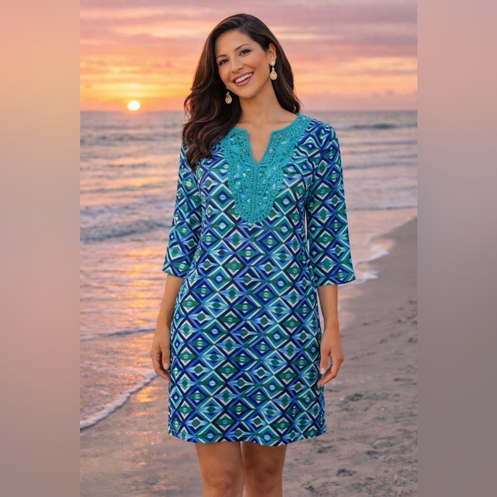 Tracy Negoshian Dress L Large Blue White Green Stretch Shift Washable